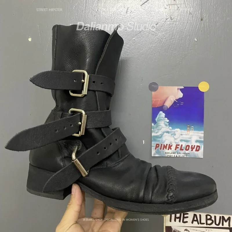 Vintage Fashion Style Men - Męskie buty motocyklowe ze skóry naturalnej,