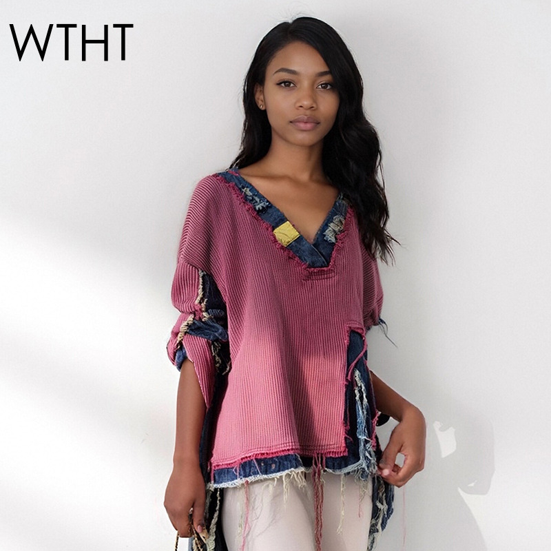 Vintage Fashion Influencer - WTHT Modny damski sweter z denimu,