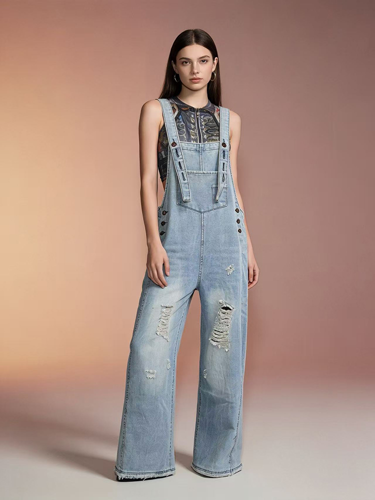 Vintage Fashion Jeans - Modne retro dżinsowe ogrodniczki z dziurami,